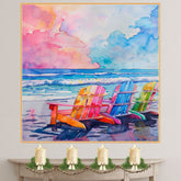 Watercolor Painting of Rainbow Beach Chairs on the Shoreline with Vibrant Ocean Waves and Pastel Sunset Sky on Ready to Hang 1.5" Thick Canvas Wrap, Floating Framed Canvas, Flat Rolled Canvas